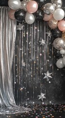 Elegant black silver New Year party backdrop with tinsel, stars, balloons, and confetti, metallic garlands and glittery decorations.