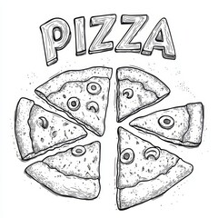 Black and white vector line drawing of oval pizza with bold text and scattered cheese and pepperoni, minimalist coloring page style.