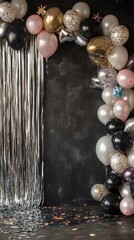 Elegant black silver New Year party backdrop with tinsel, stars, balloons, and confetti, metallic garlands and glittery decorations.
