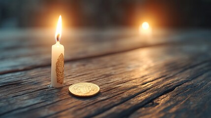 Intimate Still Life Candlelight Coin and Rustic Wood Texture.