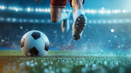 Close-up of soccer player kicking ball on grass field with stadium in background, dynamic action sports moment.