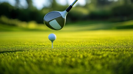 Close-up of golf driver hitting ball with motion blur on grassy fairway, focus on club head and blade design.