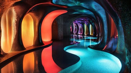 Luminous Cave Abstract Interior with Vibrant Arches and Reflective Water Feature.