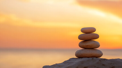 Stone cairn on a rocky surface with a blurred sunset background. The stacked stones are in perfect balance against a warm sky. Symbol of serenity and mindful living.