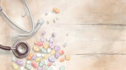 Gentle watercolor pills stethoscope healthcare awareness illustration serene medical concept artistic design