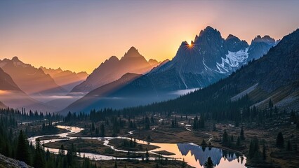Alps winter panorama: beautiful mountain landscape with sunrise over snowy peaks, forest trees, and valley fogAlps winter panorama: beautiful mountain landscape with sunrise over snowy peaks, forest t