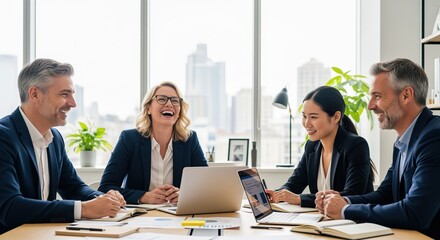Four happy professionals sit around a table in a bright office with city views. They smile and collaborate during a business meeting. Ideal for corporate communications and teamwork content.