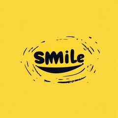Abstract minimalist smile logo in yellow and black typography on solid white background with clean border, flat vector design.