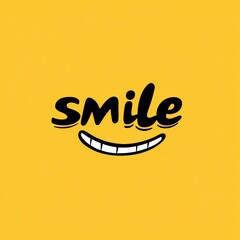 Abstract minimalist smile logo in yellow and black typography on solid white background with clean border, flat vector design.