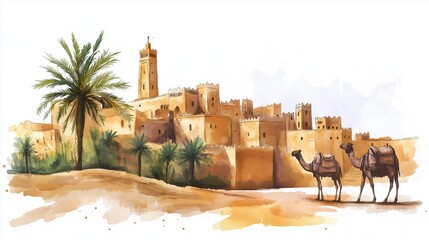 Ghardaia. Ghardaia hand drawn watercolor illustration on white background