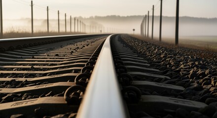 Railroad tracks stretch into the distance through misty morning fog. Steel rails and wooden ties create strong lines. Perfect for travel concepts, journey themes, and transportation designs.