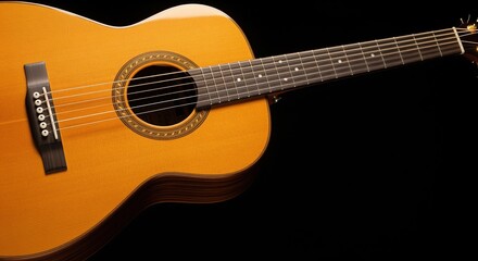 Fototapeta premium Classic acoustic guitar with natural wood finish on black background. Perfect for music websites, instrument shops, concert posters, or entertainment projects needing string instruments.