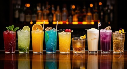 A row of colorful cocktails arranged on a polished bar counter. Each drink features unique garnishes and glassware. Perfect for beverage menus, bar promotions, or hospitality materials.