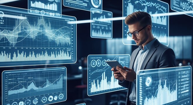 Young man in suit using tablet surrounded by digital screens showing charts and data. Perfect for business technology, financial analysis, or corporate innovation themes. - Powered by Adobe