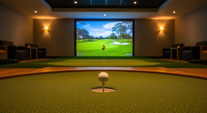 Indoor golf simulator room with green turf putting area and golf ball on tee. Large screen displays sunny golf course scene. Perfect for home entertainment, sports practice, and gaming. - Powered by Adobe