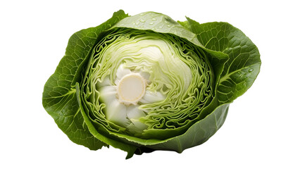 Fototapeta premium Fresh green cabbage head close up detail isolated on transparent background