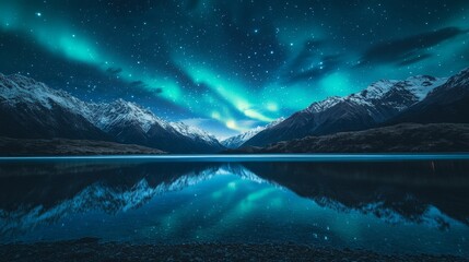 Aurora borealis over snow-capped mountains reflecting on lake at night, long exposure landscape with vivid blue and green lights.