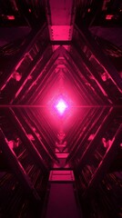 Abstract futuristic cyberpunk tunnel with red and purple triangular patterns, glowing lights, metal beams, and central pink illumination.