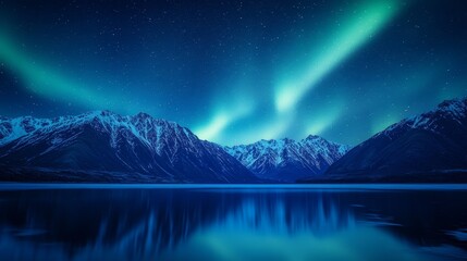 Aurora borealis over snow-capped mountains reflecting on lake at night, long exposure landscape with vivid blue and green lights.