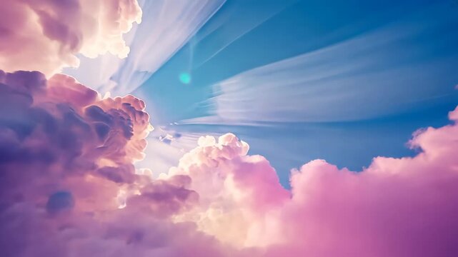 Pulling back camera revealing pink-tinged clouds rising in sky, showing sunbeams and teal flare