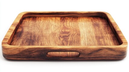 Wooden serving tray isolated on white background, flat lay top view for food and beverage presentation, minimalist rustic style.