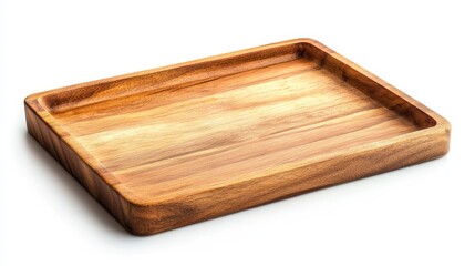 Wooden serving tray isolated on white background, flat lay top view for food and beverage presentation, minimalist rustic style.