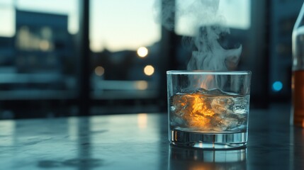 Steaming Whiskey on Ice Urban Nightscape Golden Glow and Atmospheric Vapor.