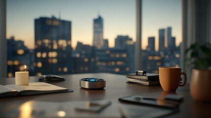 Smart Home Device on Desk with City View at Dusk Candlelight and Coffee.