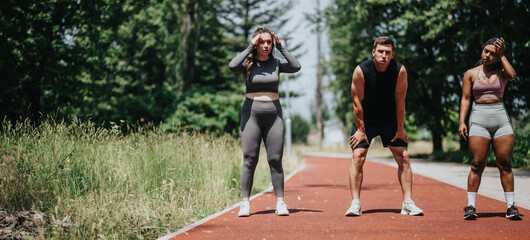 Three individuals pause to rest on a track outdoors after an intense running session.