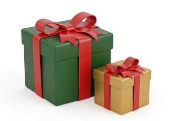 Obraz premium Two differently sized square packages are adorned with bright red ribbons and bows on a white background