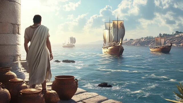 Ancient Greek harbor with merchant observing sailing vessels on the horizon, illustrating trade, travel, and the cultural legacy of maritime exploration in the golden era of classical civilization