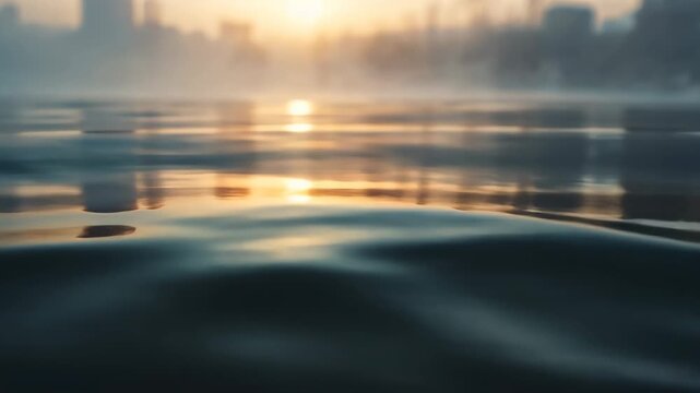 Rippling calm water spreading ripple rings from initial ripple by skyline, with sun reflection