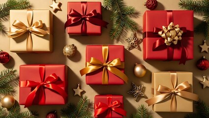 Christmas Gift Boxes with Ribbons and Decorations &ndash; Festive Holiday Flat Lay Background