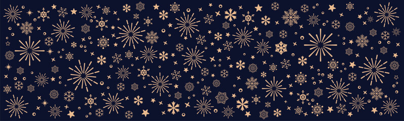 Seamless navy gold snowflake and fireworks pattern on a blue background, modern winter texture ideal for Christmas and New Year wrapping paper, invitations, greeting cards, party decor and holiday br