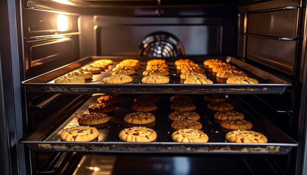 Baked cookies on oven trays inside a warm oven