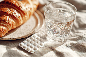 Hangover morning with breakfast in bed featuring croissant, sparkling water and medicine tablet creating cozy and relaxed atmosphere with soft sunlight