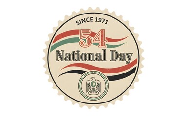 A vintage postage-stamp style badge celebrating UAE National Day, textured yet clean PNG, beige and muted tones with UAE flag accents, &ldquo;Since 1971&rdquo; and &ldquo;54 National Day&rdquo;.