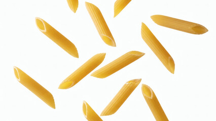 Fototapeta premium Close-up shot of several uncooked penne pasta tubes isolated on a clean white background