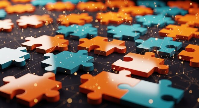 Colorful puzzle pieces in orange, blue, and white arranged on a dark surface with glowing connections. Perfect for teamwork, problem solving, strategy, and business collaboration concepts.