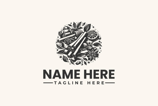 Black and white vector illustration logo design featuring a pencil surrounded by leaves and flowers on a beige background with space for a company name and tagline. - Powered by Adobe