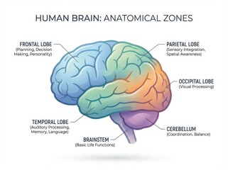 A brightly colored, detailed vector illustration defines the human brain's anatomical zones, clearly labeling the lobes and their specific functions on a white background.