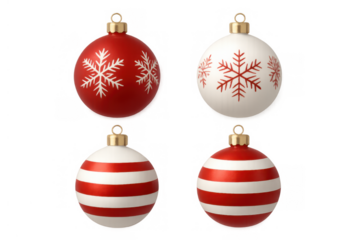 Christmas ornaments displaying red and white patterns, snowflakes, and festive stripes for holiday decoration on transparent background