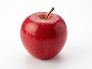 A vibrant red apple with a glossy shine, representing healthy food, is perfectly isolated in a clean, high-key studio close-up on a white background.