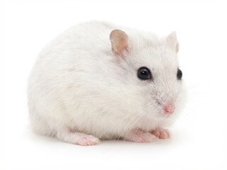 A fluffy white hamster is sitting calmly, captured in a bright, high-key studio photograph, creating a clean and innocent mood isolated against a pure white background.