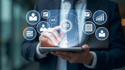 Video A professional man sitting at a desk, holding a tablet with SEO icons displayed on the screen, ideal for business and technology related uses - Powered by Adobe