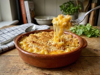 Close-up food photography highlights the comforting, golden macaroni and cheese in a rustic bowl as a fork pulls a gooey string of melted cheese on a wooden counter.