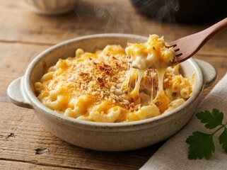 Appetizing, warm food photography captures creamy macaroni and cheese, topped with golden breadcrumbs, being scooped from a rustic bowl on a wooden table, emphasizing the delicious