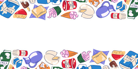 Fototapeta premium Dairy themed border with milk, cheese, butter, cream and ice cream illustration on a white background.