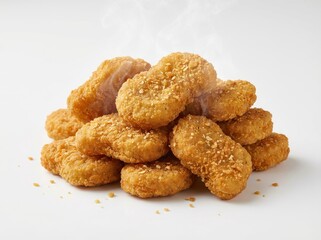 Appetizing and warm, a tall pile of crispy golden-brown chicken nuggets is steaming hot, captured in a bright studio shot isolated on a clean white background.