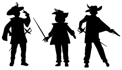 Children silhouettes in Musketeer costumes. Vector illustration	
